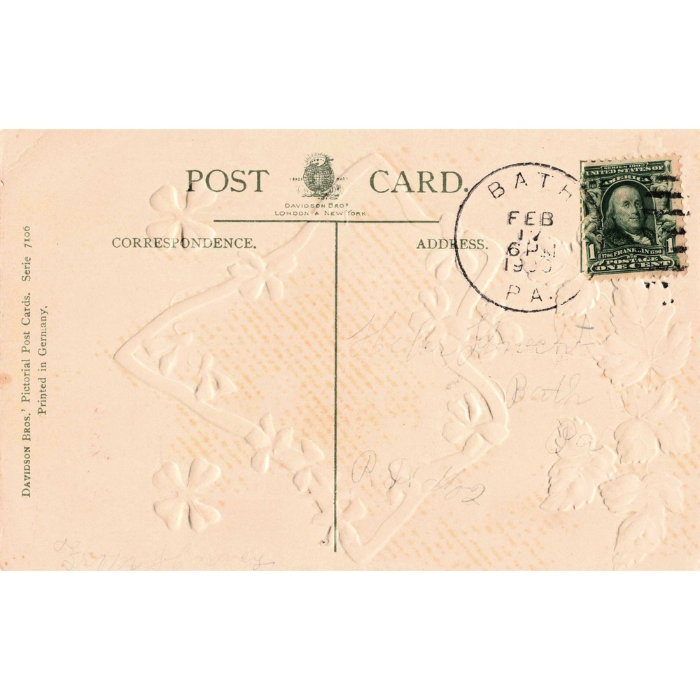 Birthday Postcard Davidson Bros Serie 7106 Violets Clovers Church 1909 Embossed - Picture 2 of 2